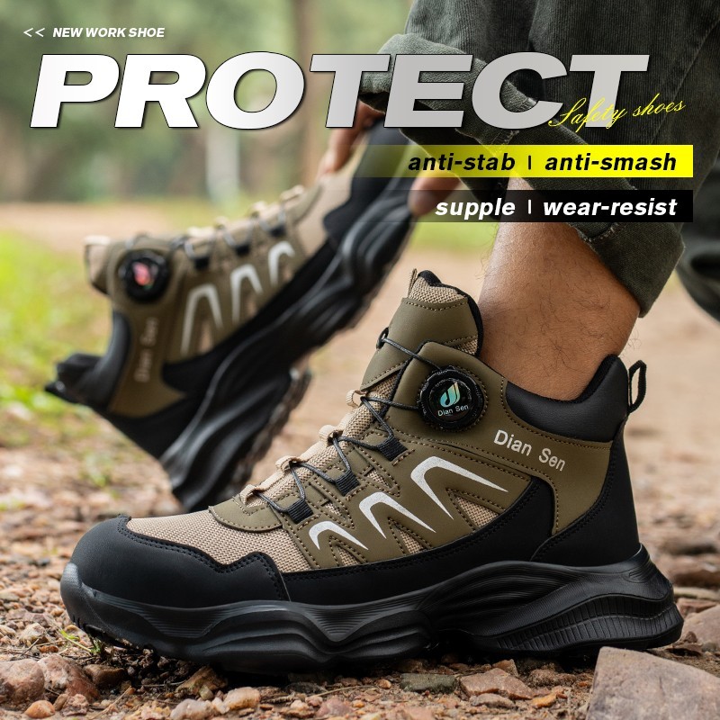 Men Safety Toe Work Shoes Rotating Buckle Breathable Non-Slip Steel Toe Sneakers