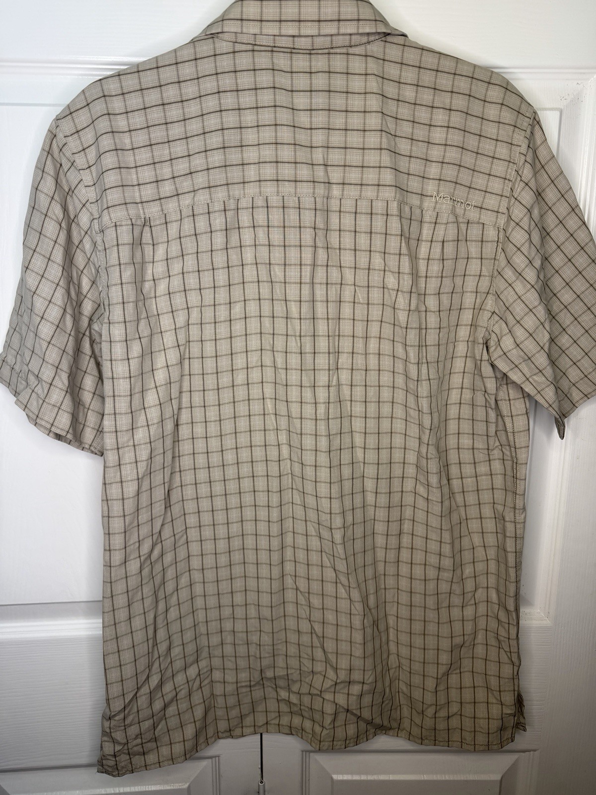 Marmot Mens M Beige Check Short Sleeve Button-Up Shirt Point Collar Pockets