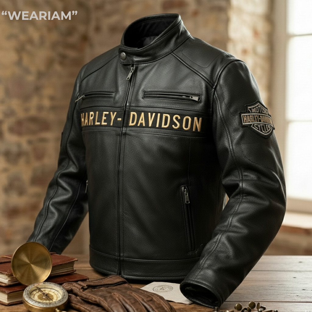 Harley Men’s Black Biker Jacket – Real Cowhide Leather Motorcycle Jacket