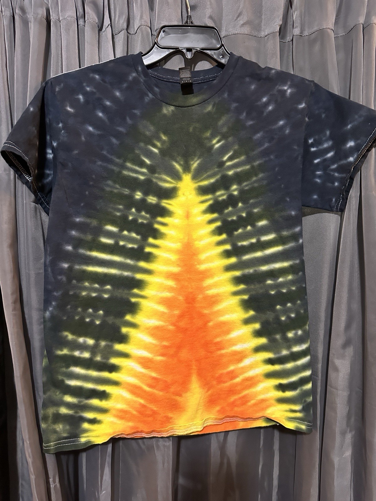 Unisex Adult M Black Yellow Orange Tie-Dye Cotton Short Sleeve Tee Hand Dyed