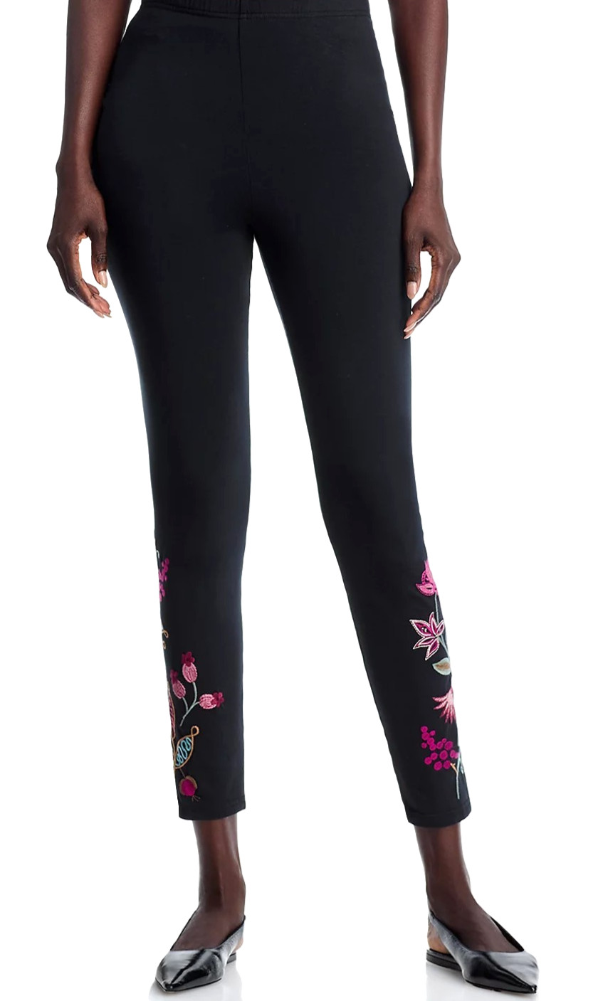 Johnny Was Penellope Floral Embroidery Stretch Cotton Leggings⭐Black L 150