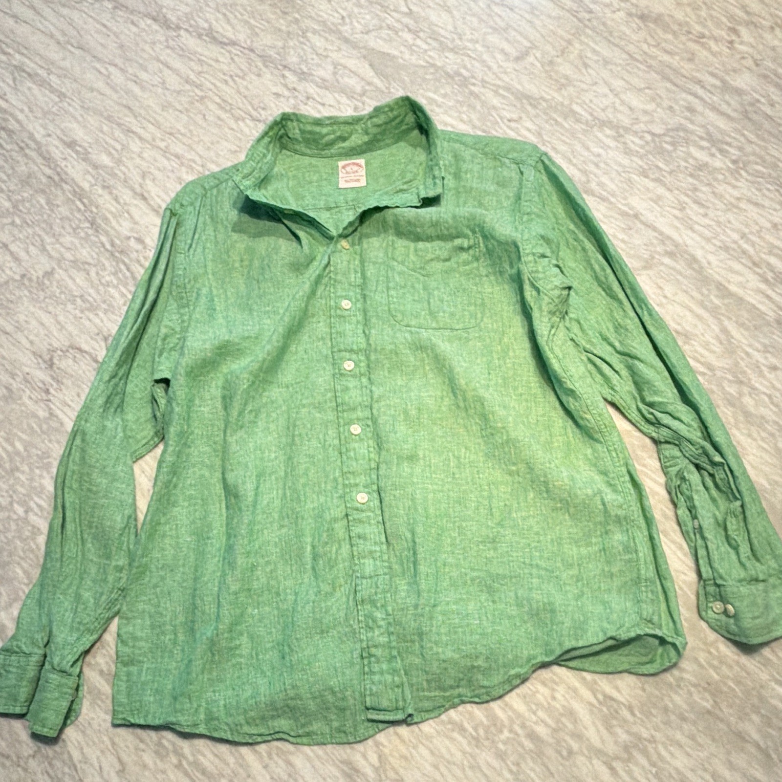 Brooks Brothers Men’s L Green Solid Linen Woven LS Spread Collar Shirt Pocket