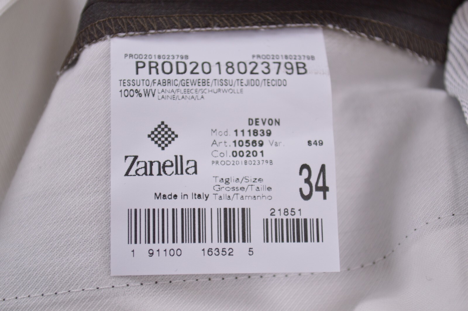 Zanella NWT Dress Pants Size 34 In Solid Dark Brown Wool Devon