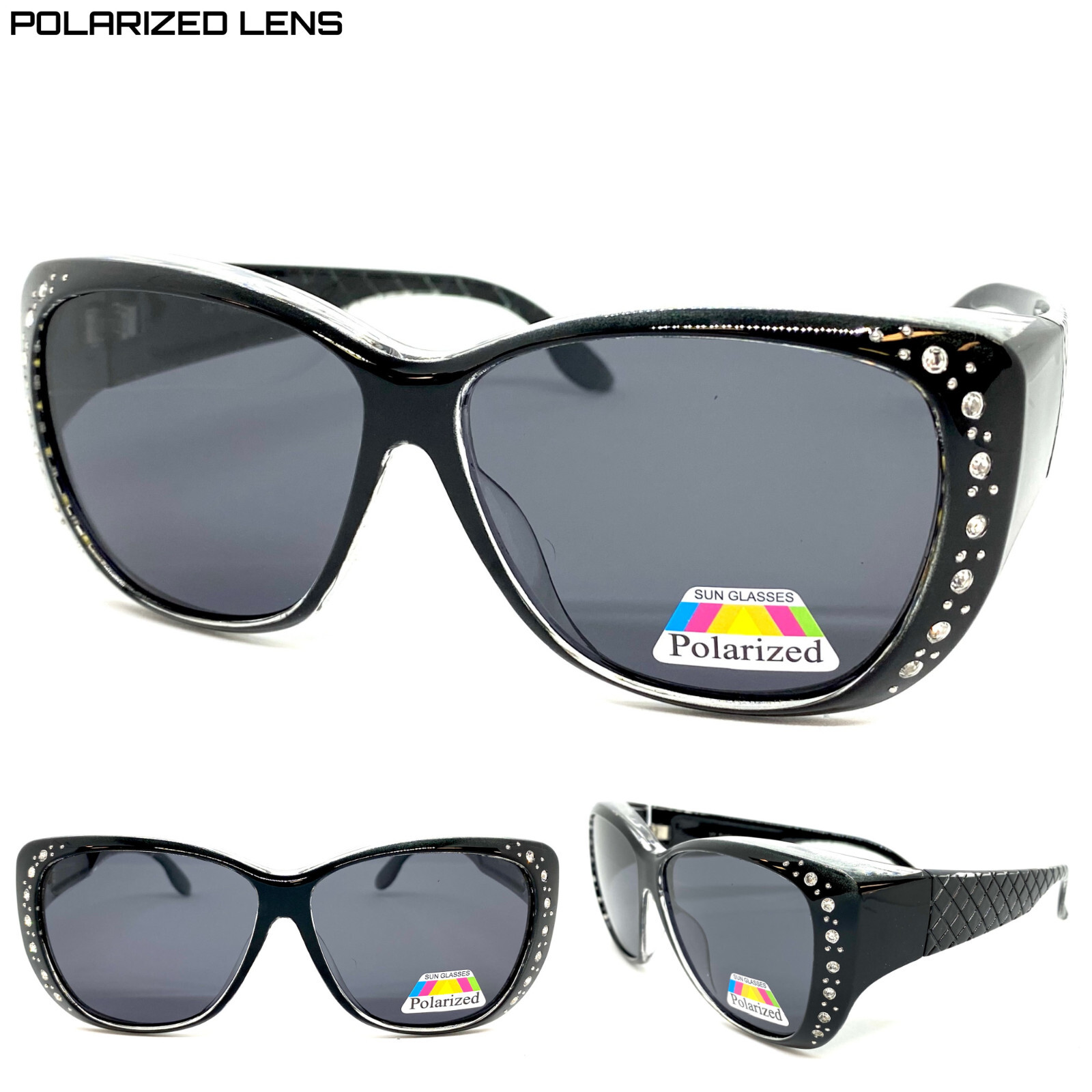 BLING WRAP AROUND DRIVING POLARIZED SUN GLASSES Black Frame Over RX Glass Fit
