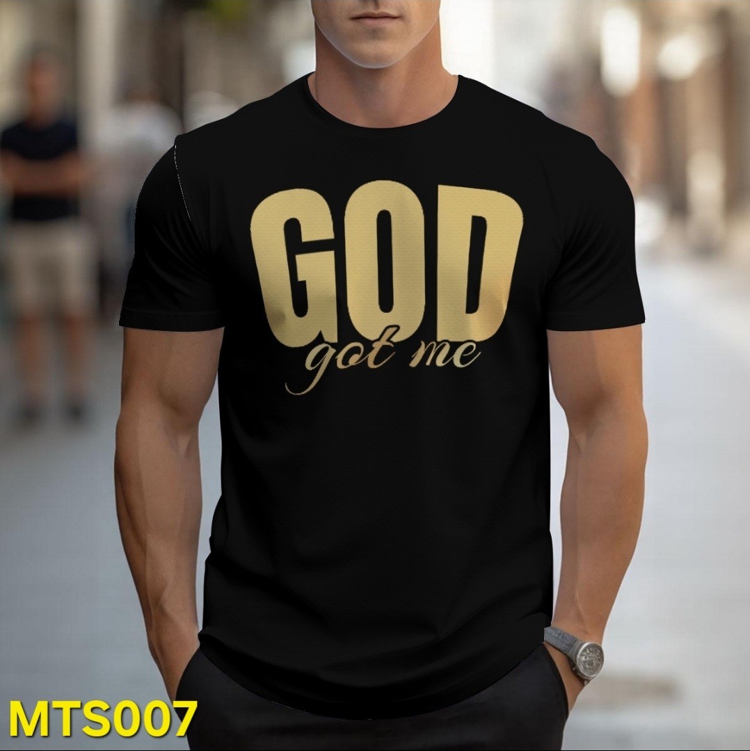Men’s Black/Gold “GOD got me” Religious Graphic Tee Crew Neck Short Sleeve 2XL