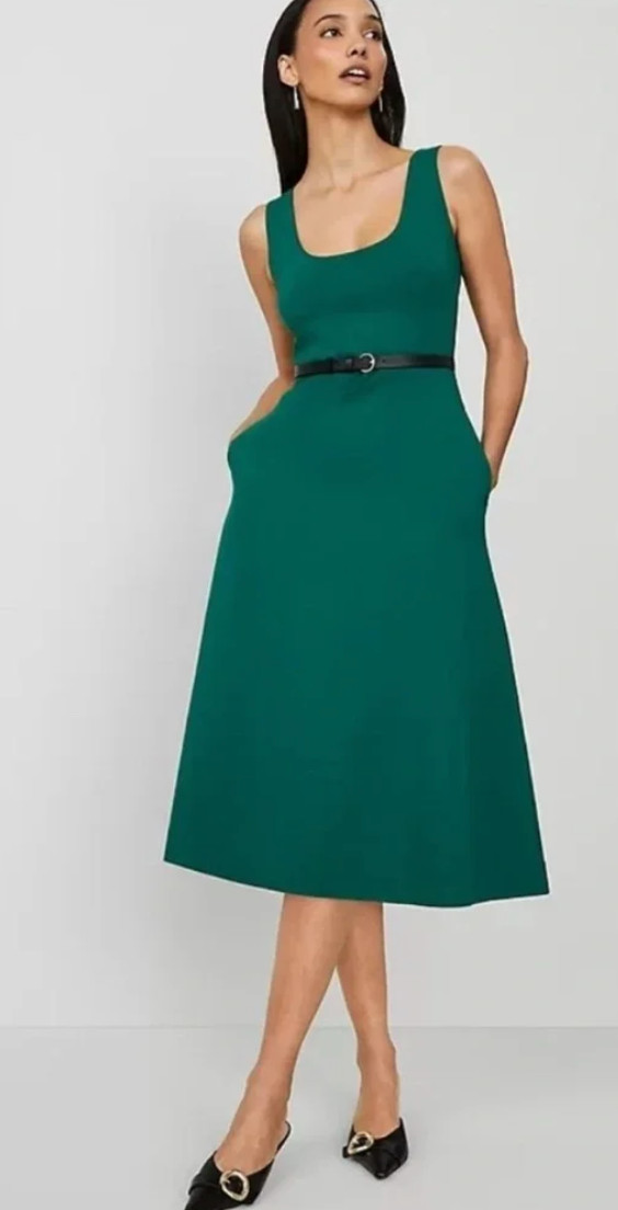 NWT ANN TAYLOR FRESH EVERGREEN PONTE SLEEVELESS BELTED MIDI DRESS SZ 12