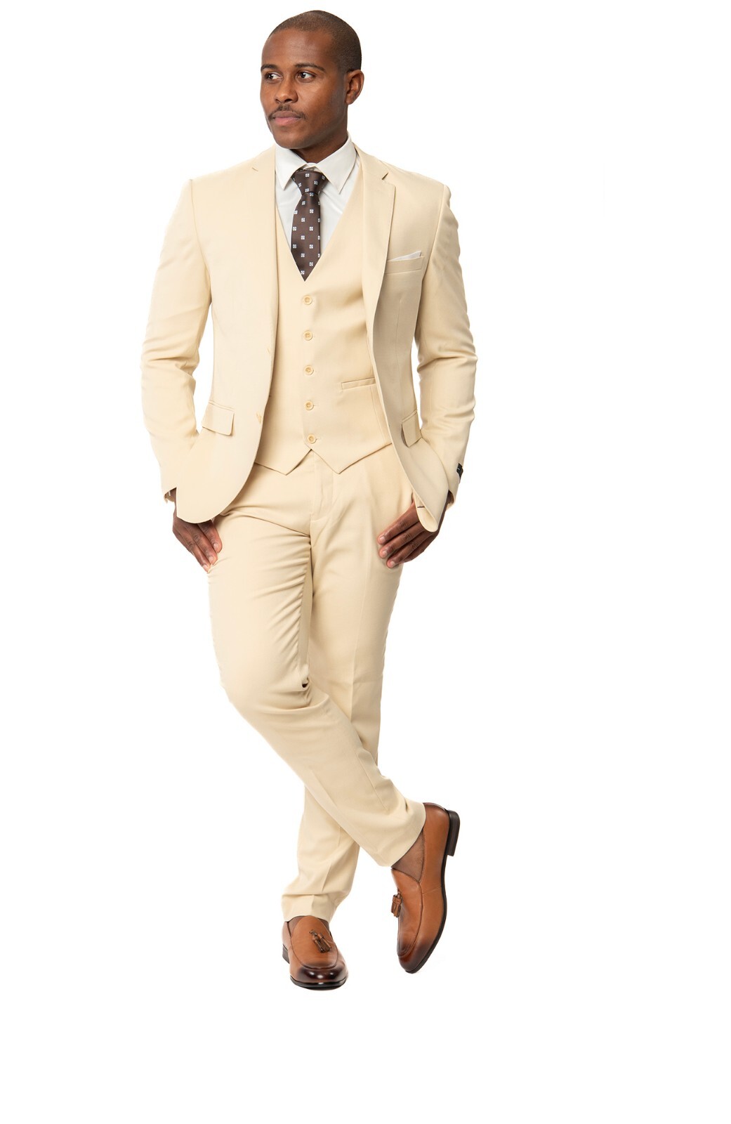 Tan Beige Slim Men Suit Micro Textured Weave 2 Button Notch 11812 Vest Optional