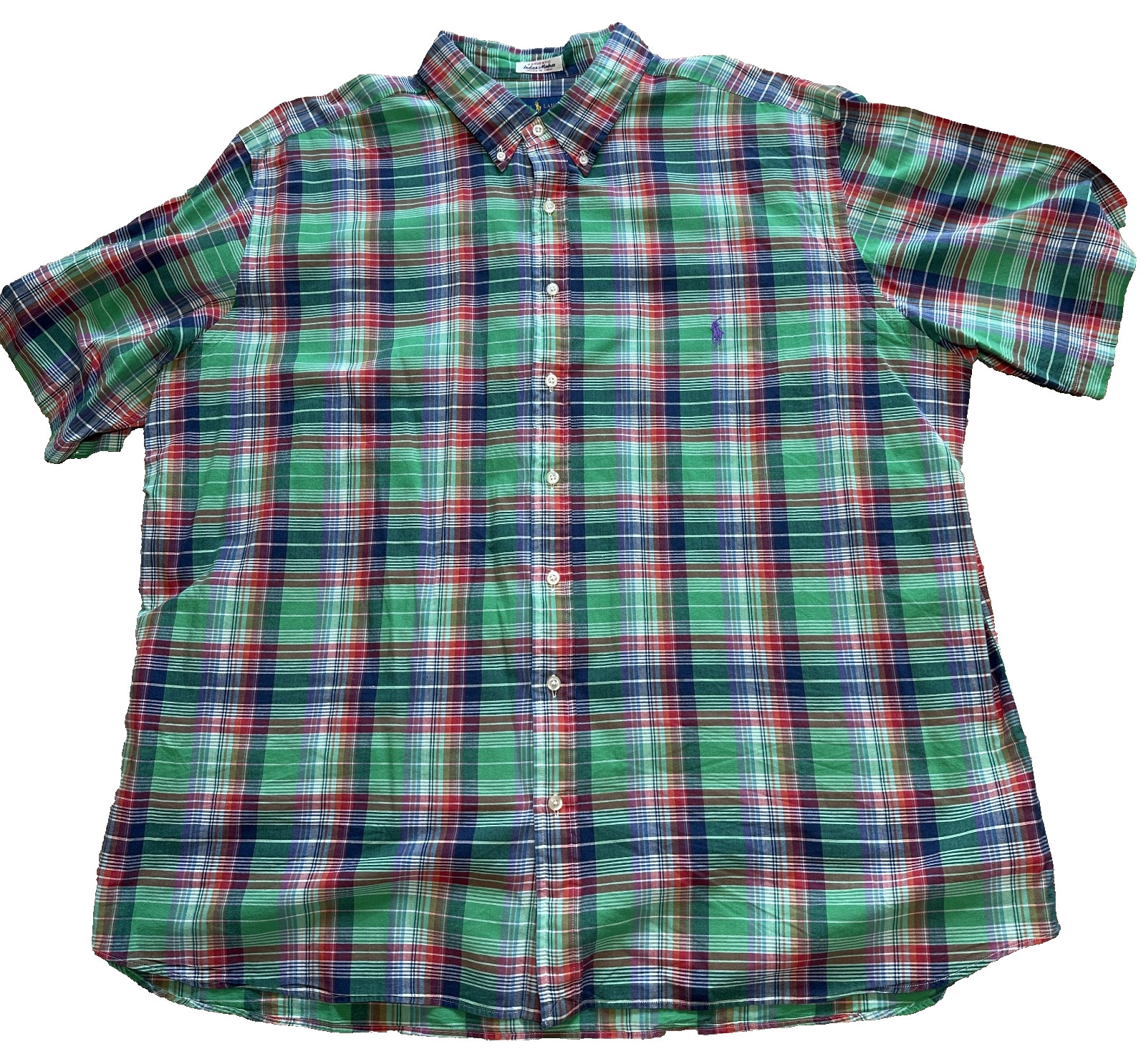 Ralph Lauren Short Sleeve Shirt Men 2XB Green Plaid Button Down Indian Madras