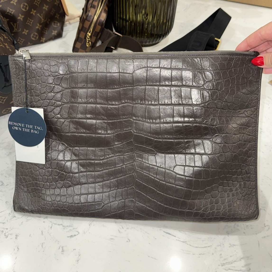 YSL Croc Embossed Brown Zip Clutch.