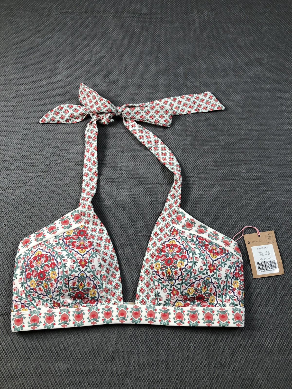 Boden Bikini Top Swimsuit Womens 8 Multicolor Floral Halter Bow Lined Stretch