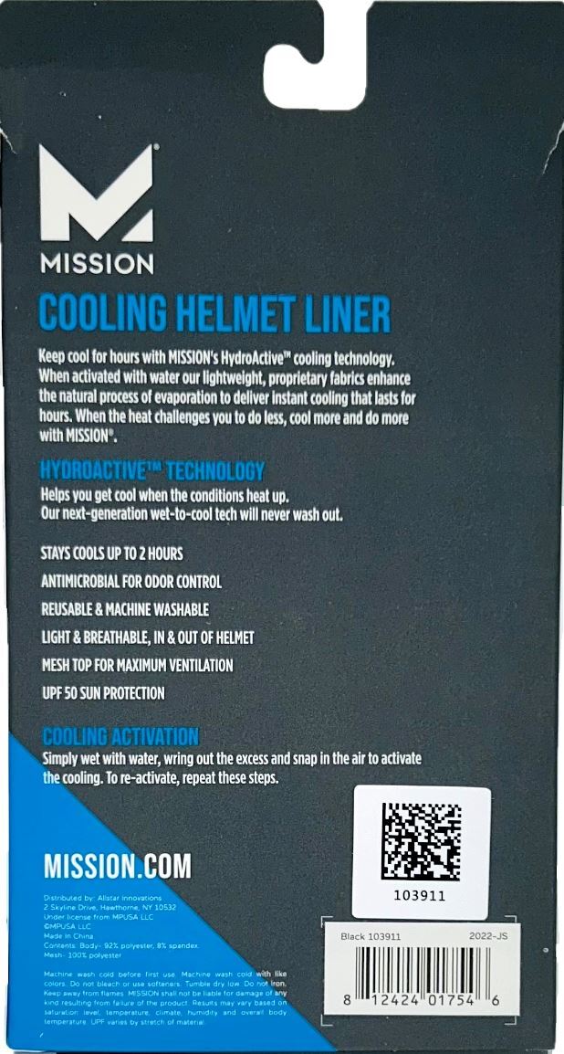 MISSION Cooling Activation Helmet Liner Cools Instantly When Wet One Size Black
