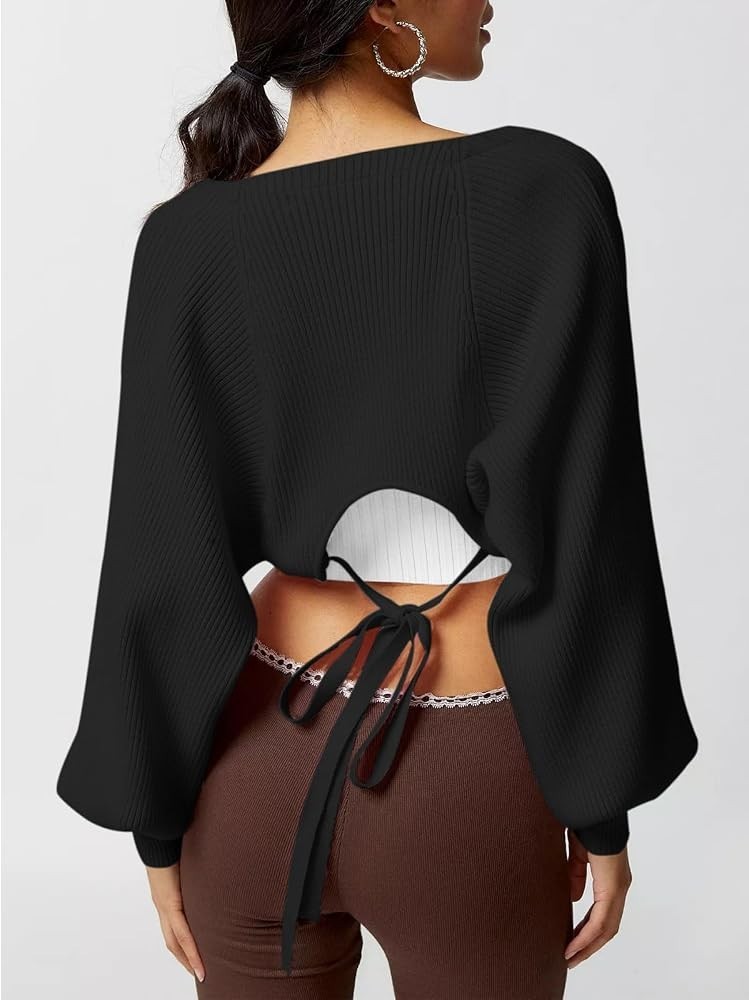 Women’s Bolero Shrug Sweater Cropped Cardigan Knit Tie Up Open Front Long Sleeve
