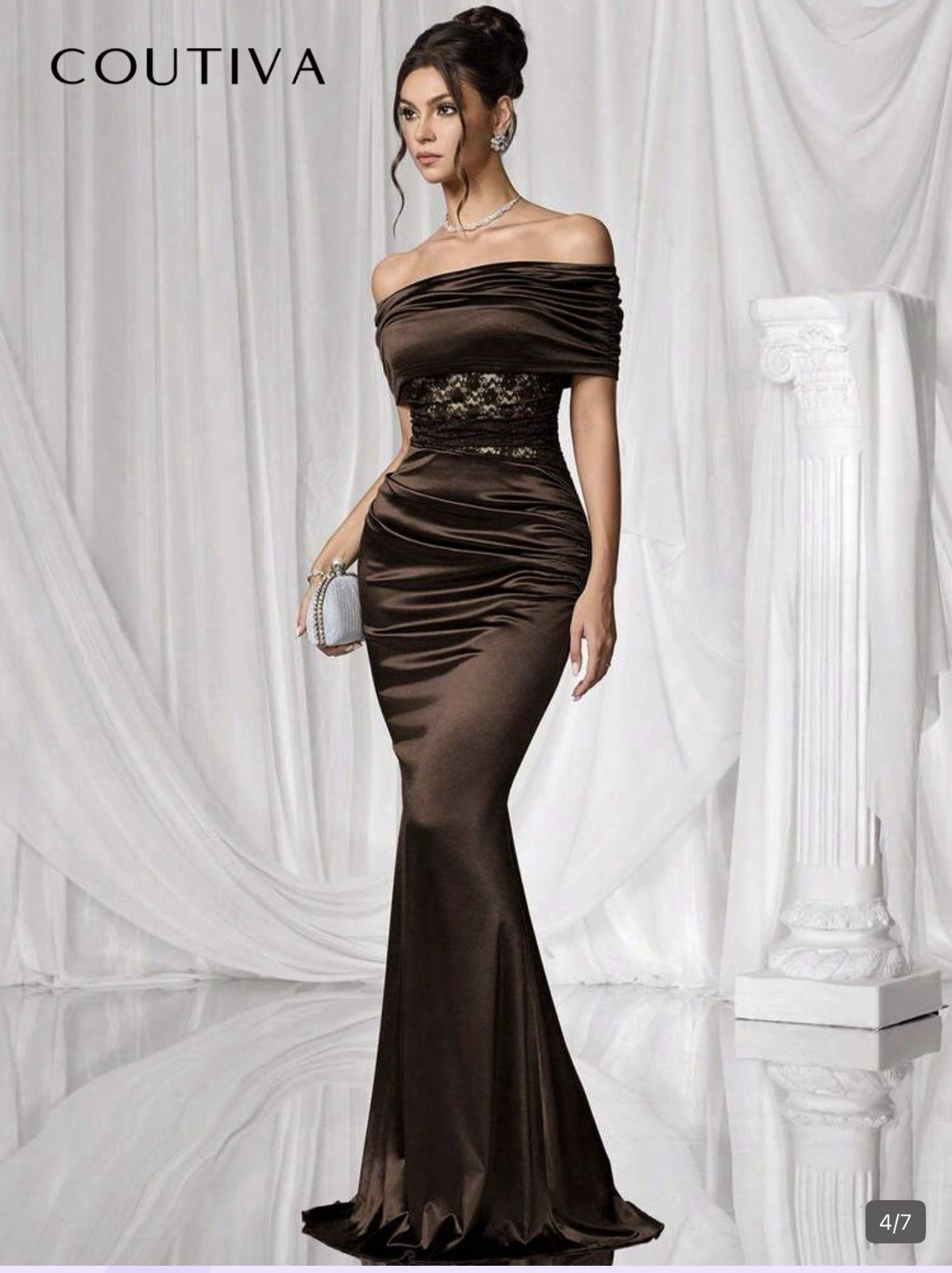 COUTIVA Women’s Brown Solid Ruched Satin Mermaid Maxi Dress Short Sleeve XL