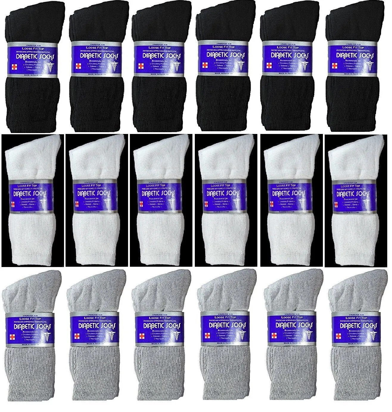 12 Pairs Mens Diabetic Crew Socks Health Circulatory Cotton Size9-11,10-13,13-15