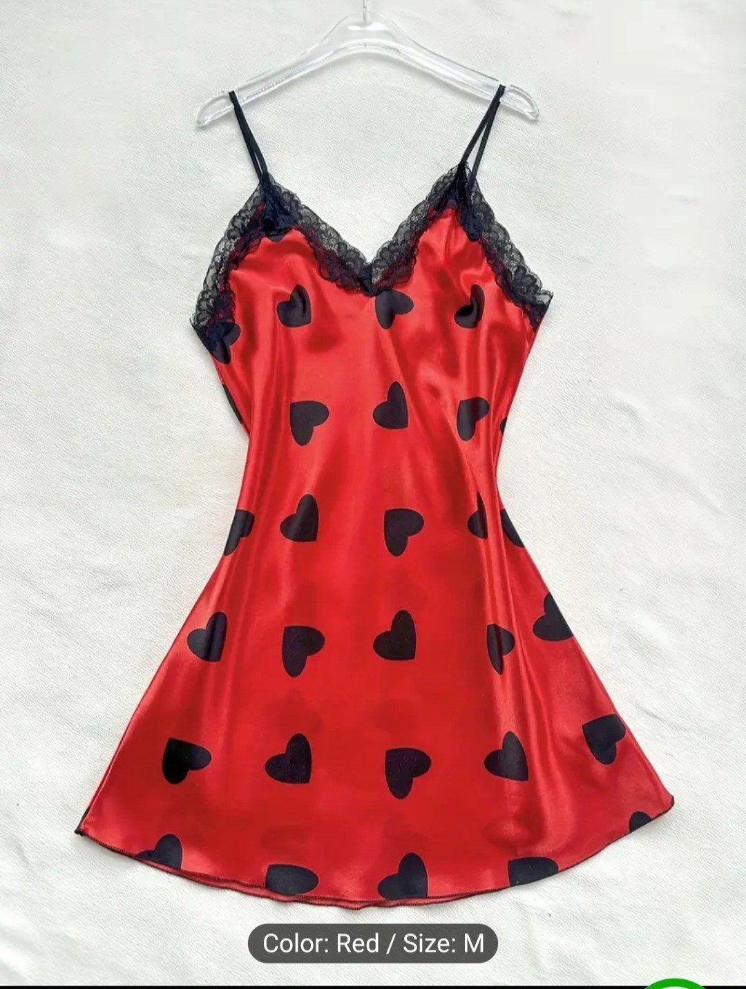 Heart Print Camisole Sleep Dress – Lace Trim, V-Neck, Machine Washable – Size M