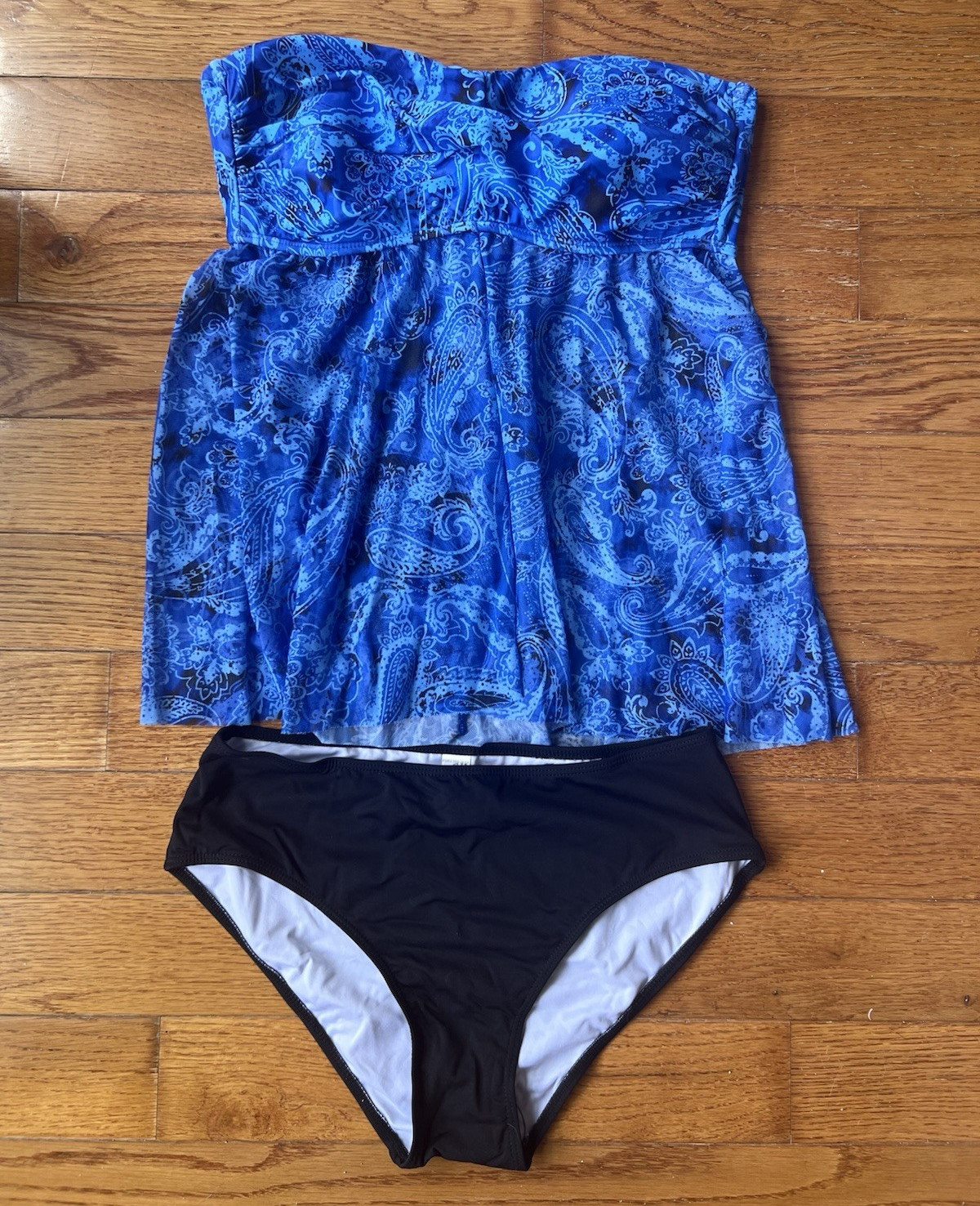 Tempt Me 2Pc Blue Paisley Tankini Bikini Set Sz L Halter/Strapless Padded