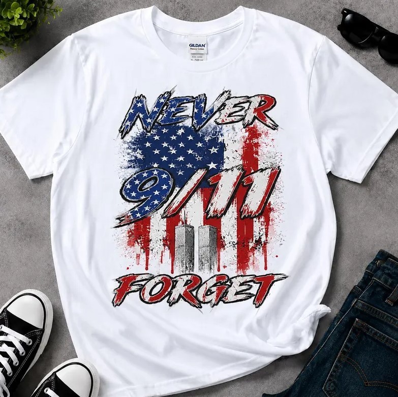 Never Forget 9/11 Memorial T-Shirt, Distressed USA Flag Tribute T-Shirt S-5XL