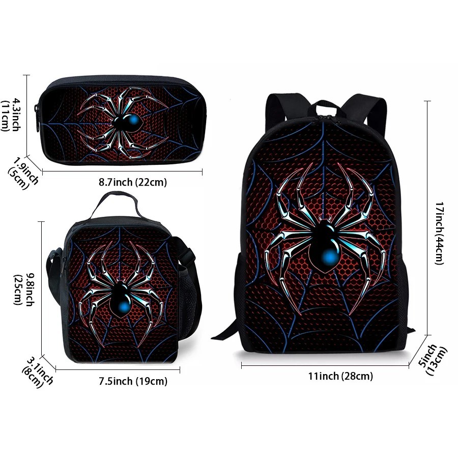 3PCS Spider School Backpack Set Lunch Box Pencil Case Kids Boys Girls Bookbag
