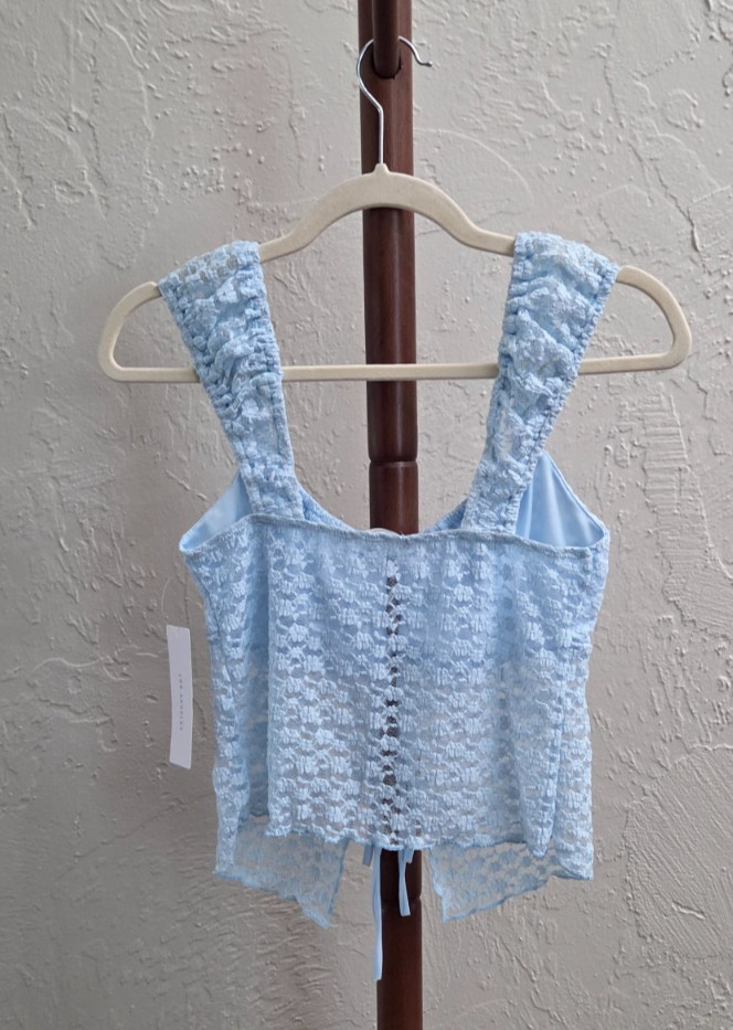 T161. Women’s Spring Summer Festival Blue Lace Tie-Front Top