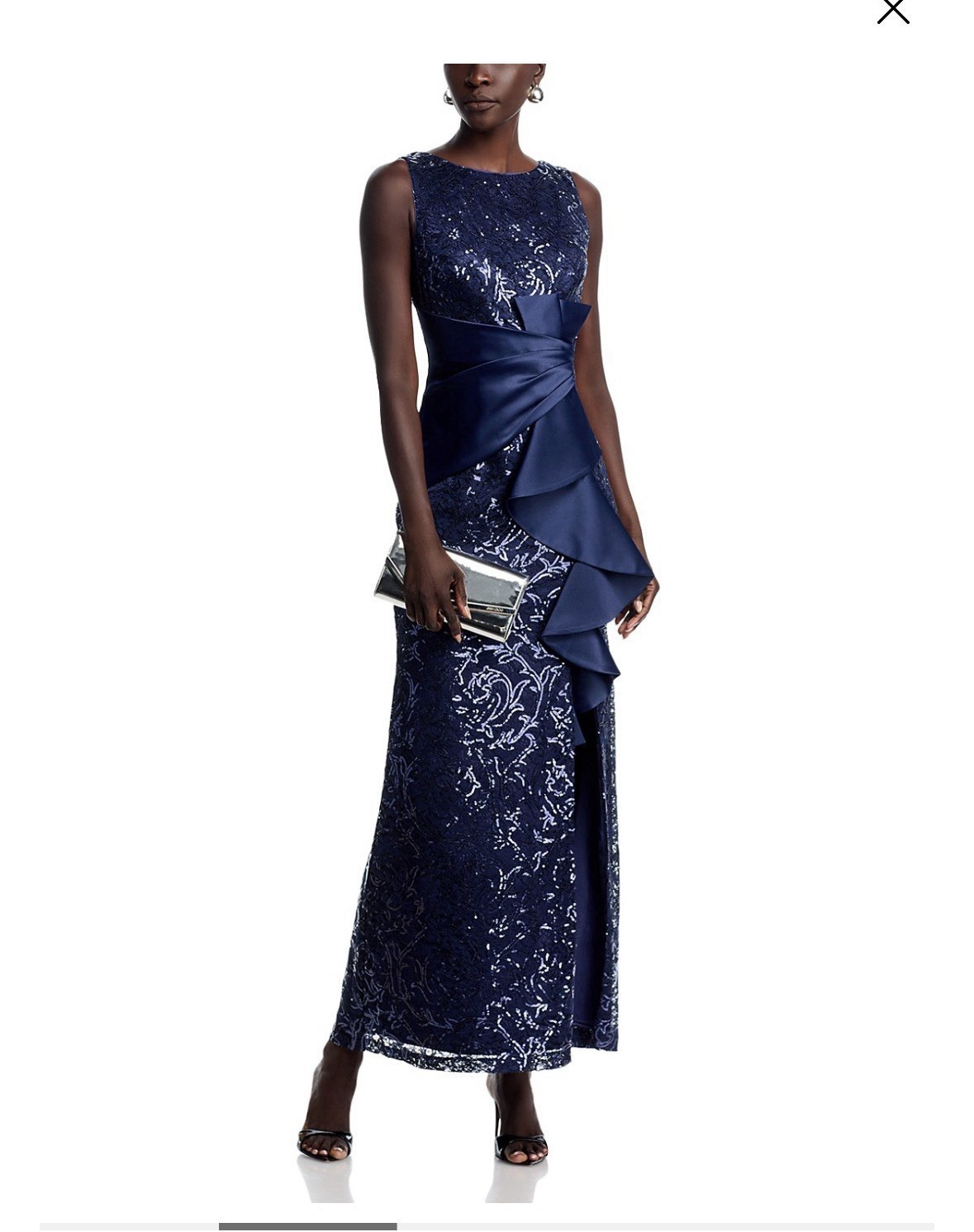Eliza J Women’s Size 4 Navy Long Sleeveless Round Neck Lace Floral Ruffle