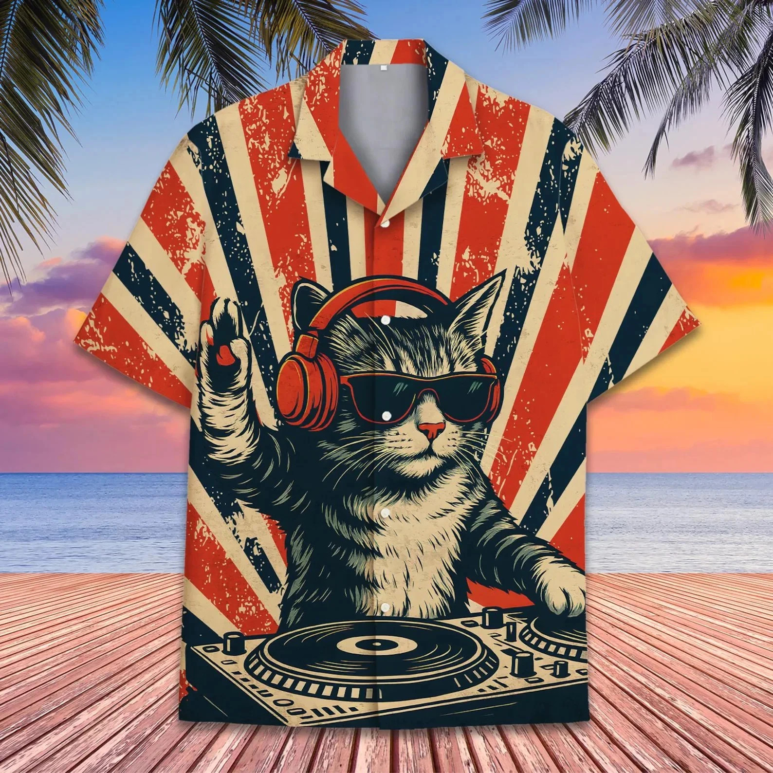 DJ Cat Aloha Shirt Funny Rave Grunge Retro Hawaiian Party Shirt Men Women