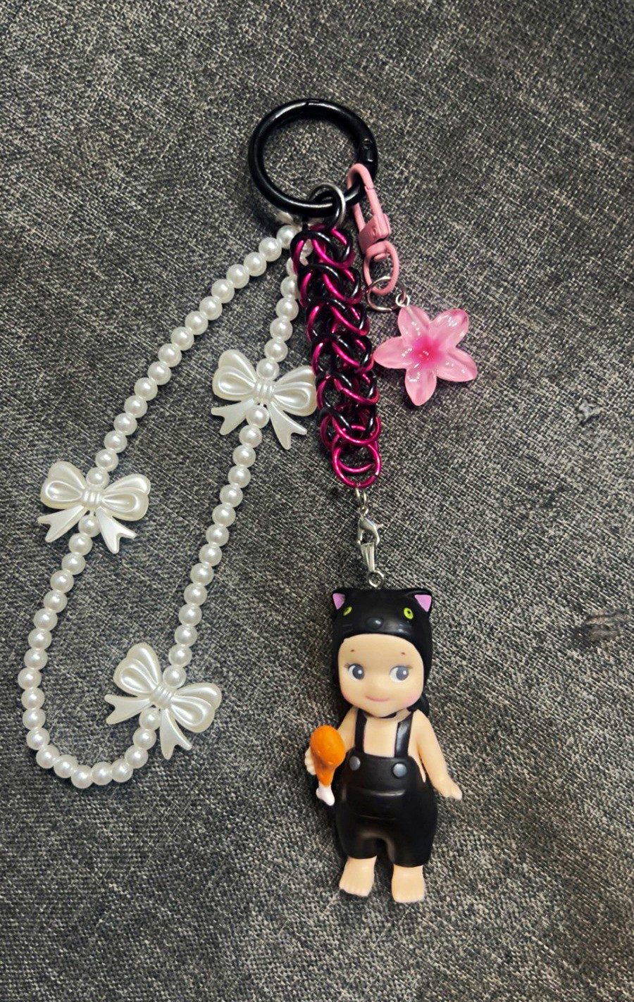 Doll Charm Key Chain Keyring Beaded Chain, Black Pink White Plastic Metal