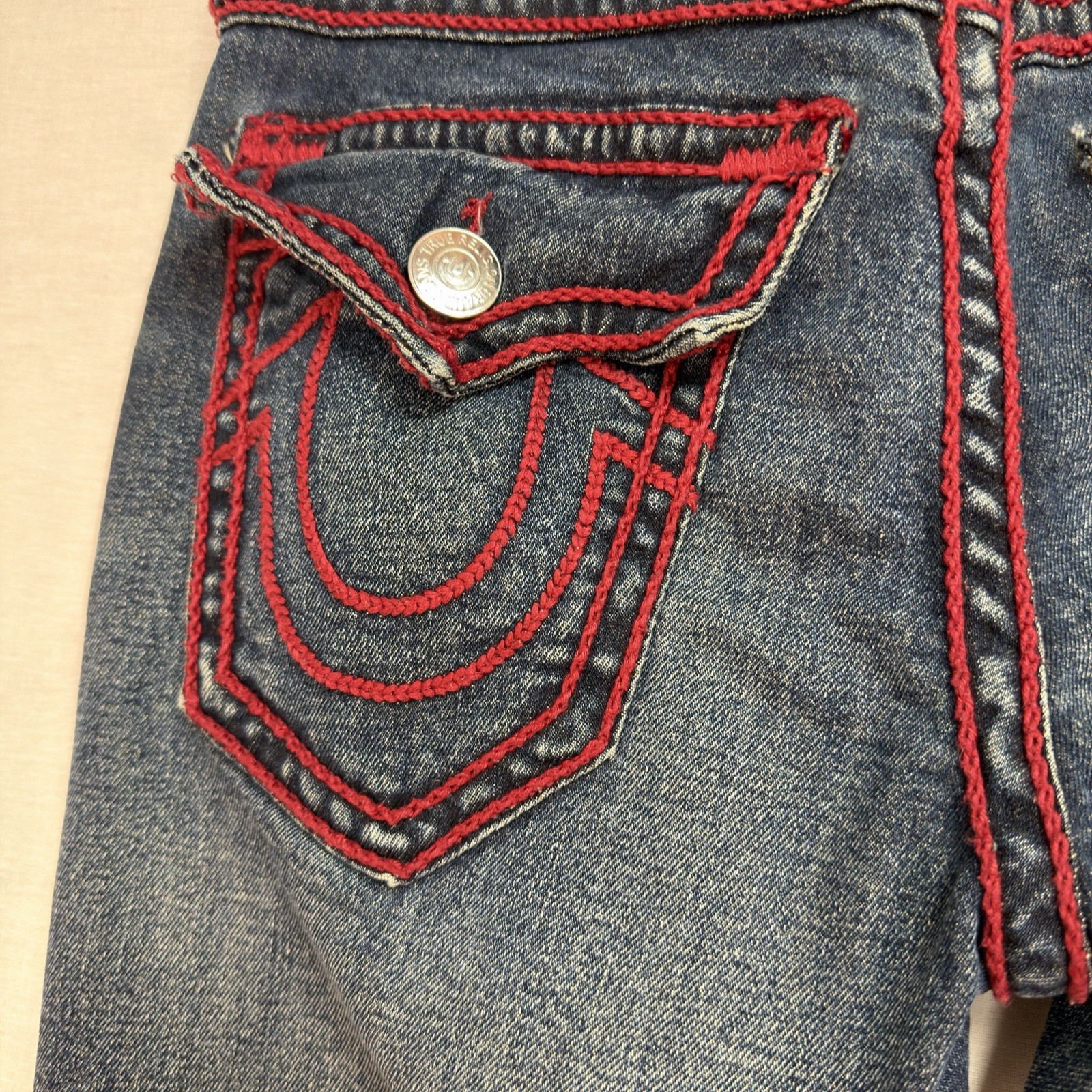 True Religion Men’s Ricky Relaxed Straight Jeans Red Rope Stiching