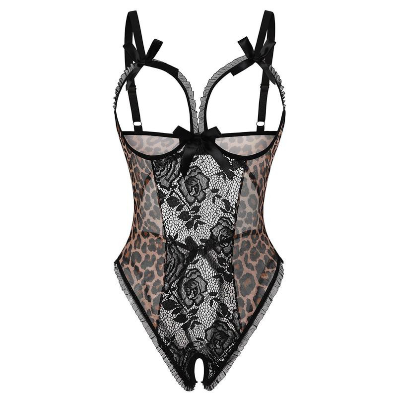 Women Leopard Lace Bodysuit Cutout Bra Adjustable Straps Lingerie For Daily Wedd