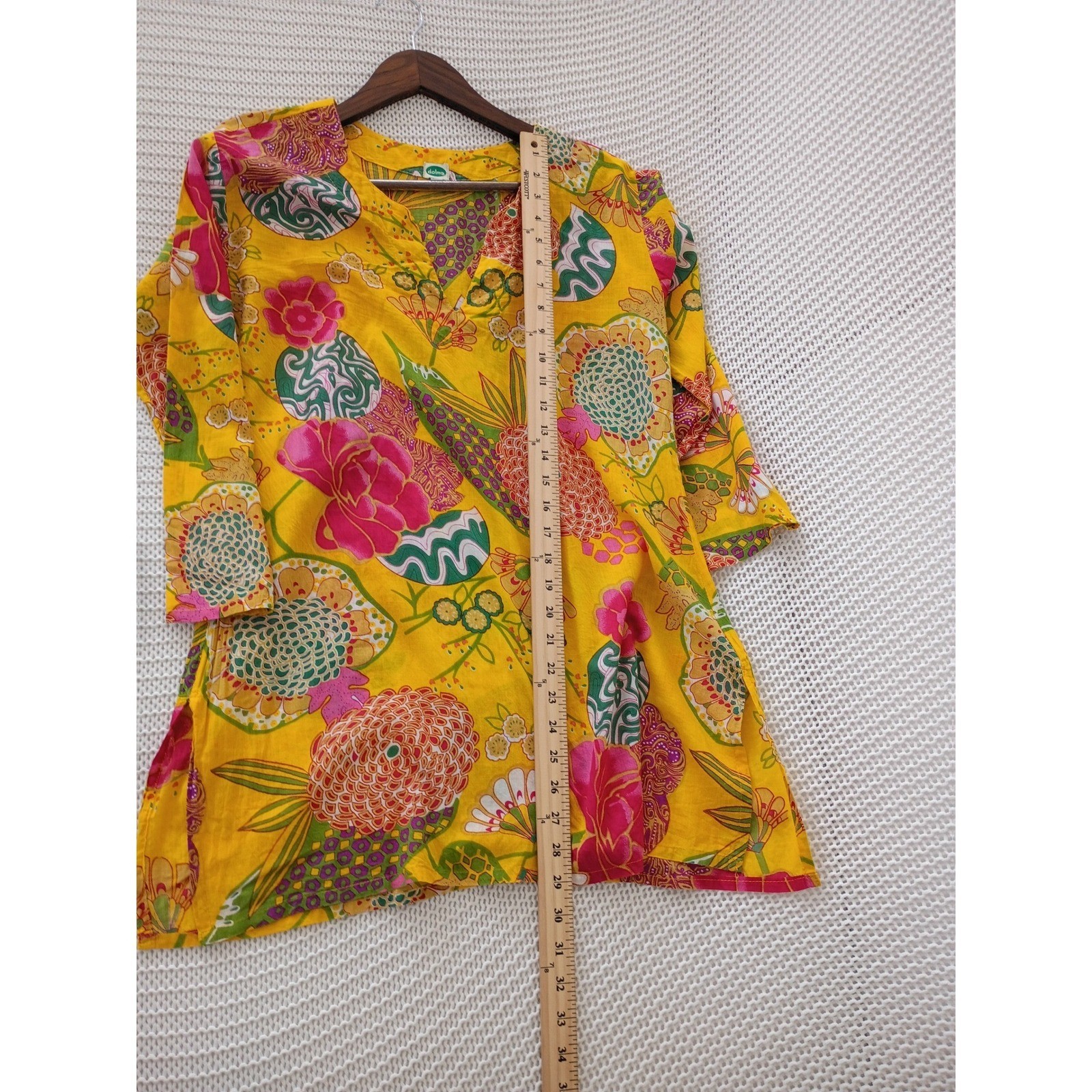 DOLMA Boho Yellow Floral 100% Cotton Kurta Tunic V-Neck 3/4 Sleeve Fits S/M