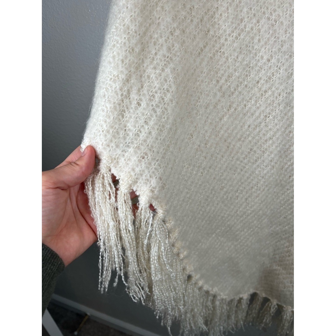 Betsey Johnson Cream Cowl Neck Fringe Asymmetrical Poncho Sweater One Size