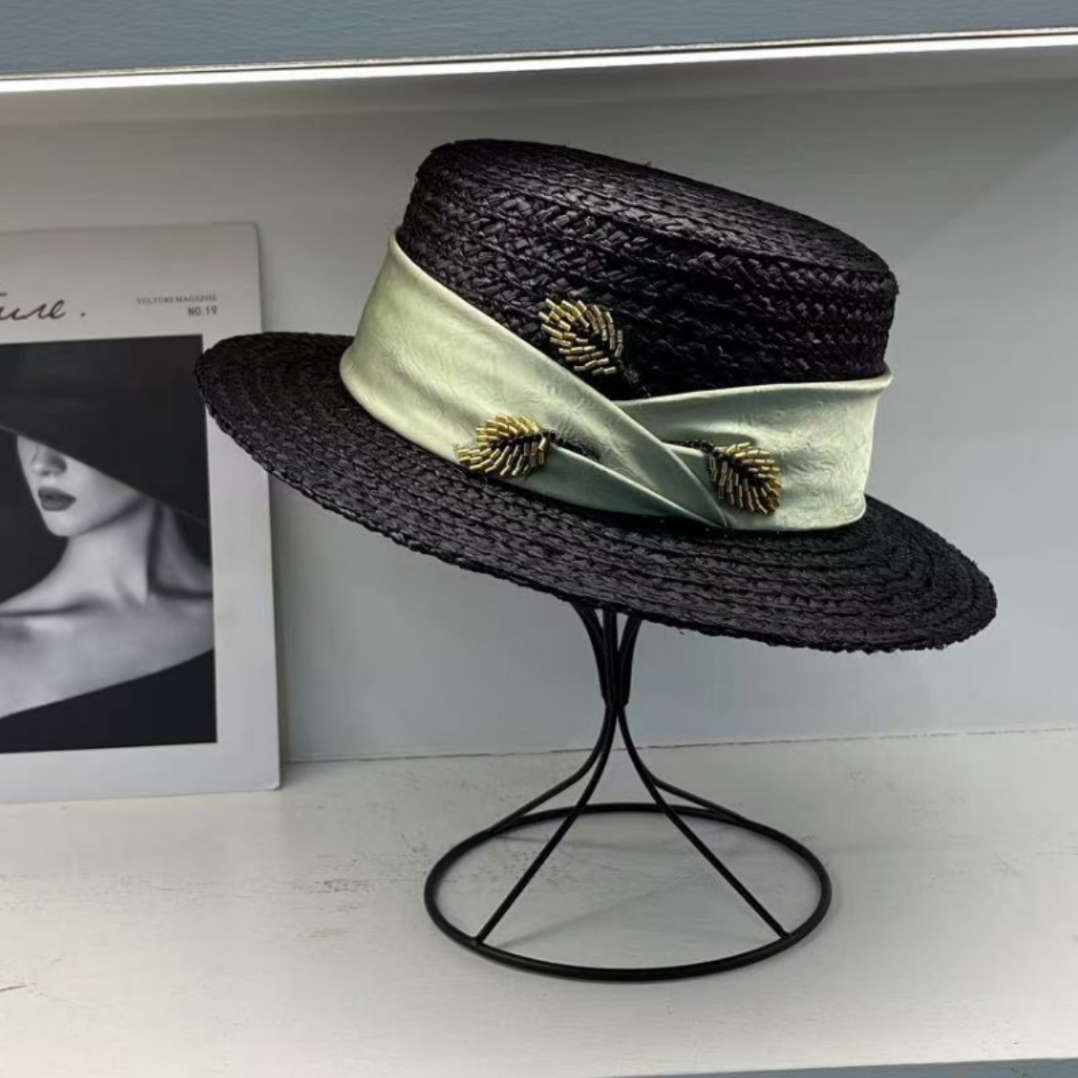 Imported raffia material hat women’s small brimmed flat top hat summer travel