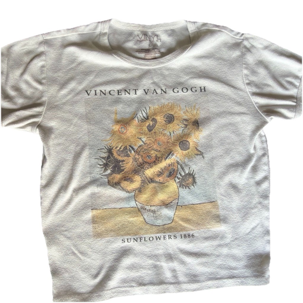 VINYL Women’s White Vincent van Gogh Sunflowers Graphic Tee Crew Neck L