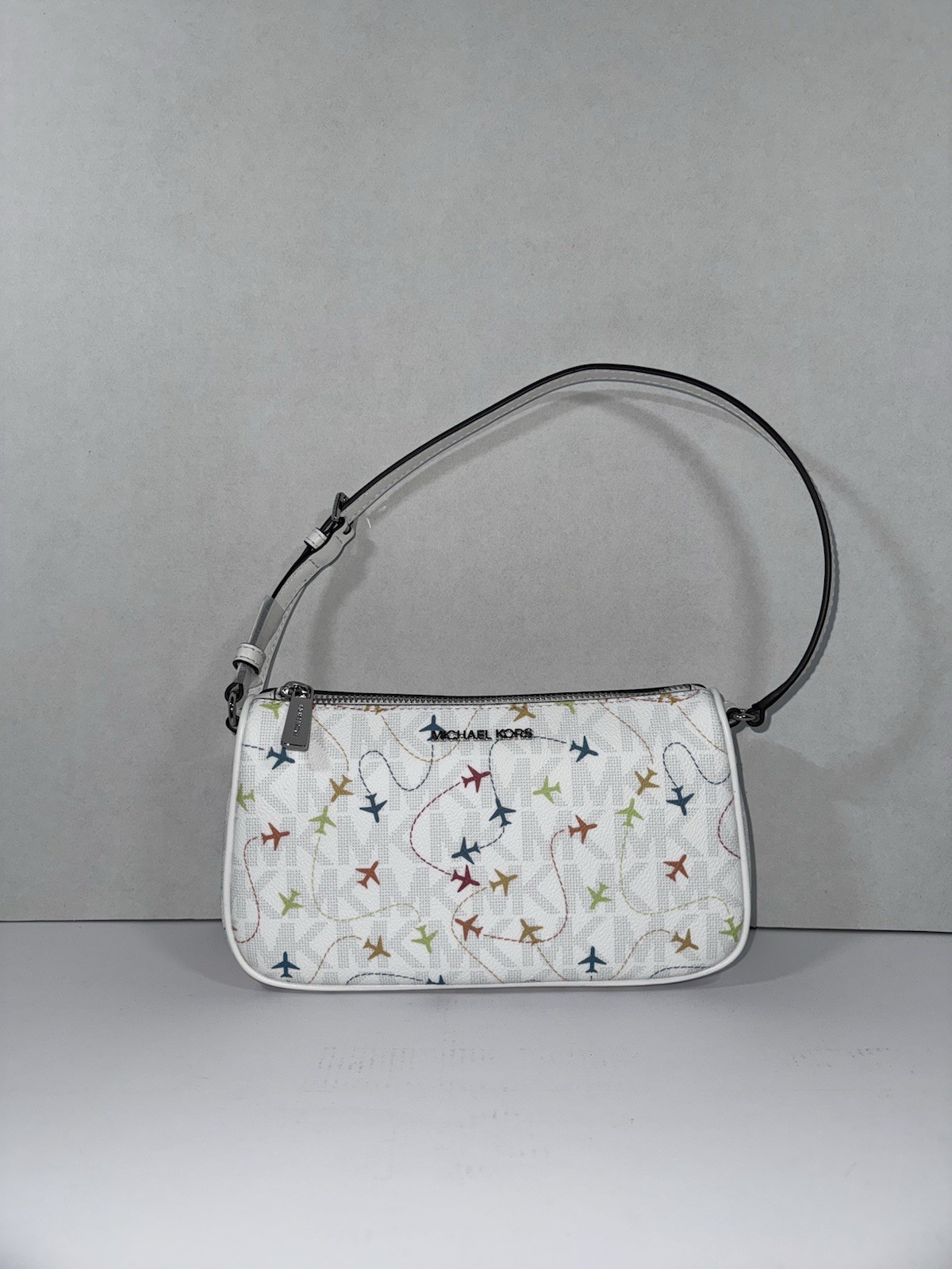 Michael Kors Jet Set White AIRPLANE PRINT Medium POUCHETTE Shoulder Bag