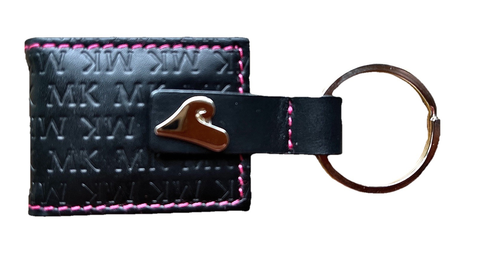 New Michael Kors Signature Black Leather Silver Heart Key Ring Mini Photo Holder