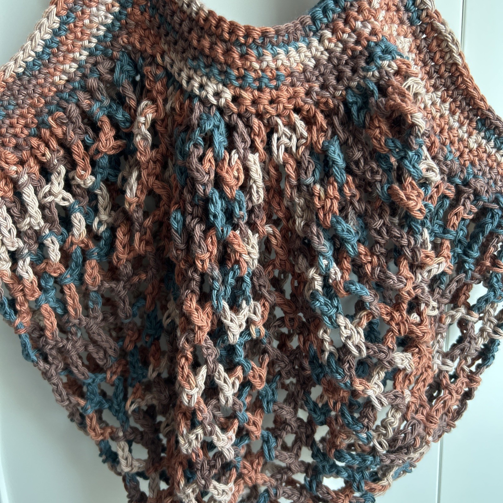 Crochet Cotton Market Bag, Brown Blue Tan, Beach Bag, Eco-Friendly Mesh Bag