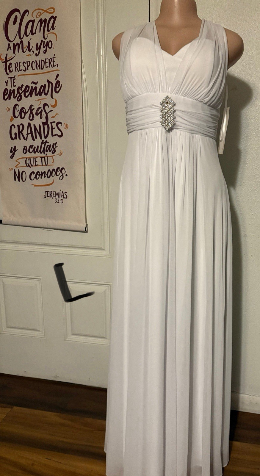 Marina Blue Lace Open Back Long Gown Floral Embroidered Round Neck L Zip
