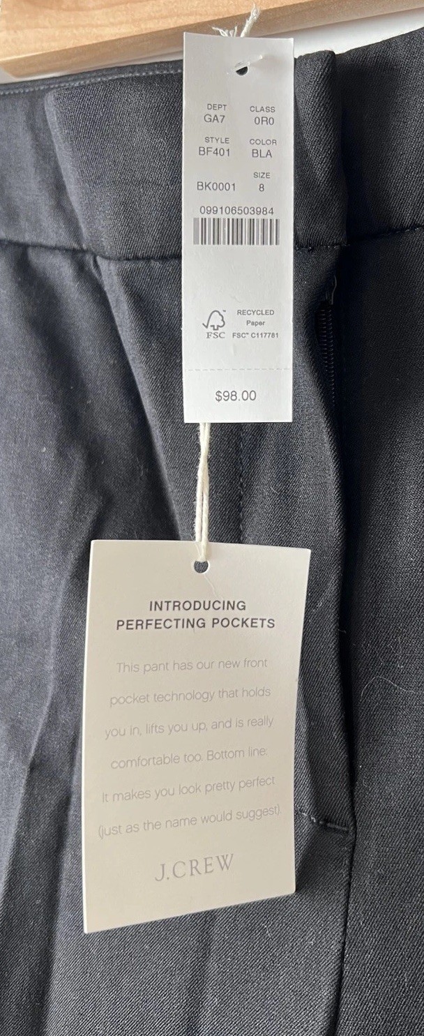 NWT J. Crew Straight-Leg Pant In Bi-Stretch Cotton Blend Black 8 Classic BF401