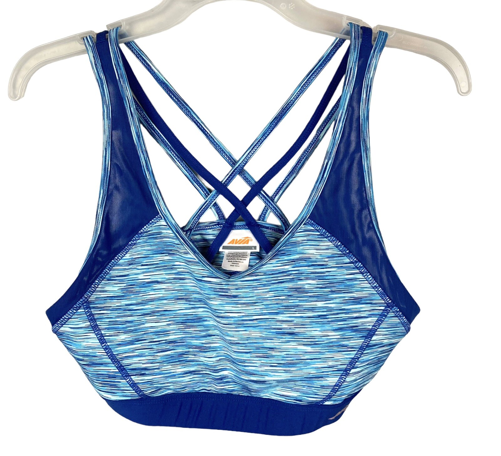 Avia Sports Bra Women’s L Navy Blue Stretch Crossover Racerback Cup Pads Nice