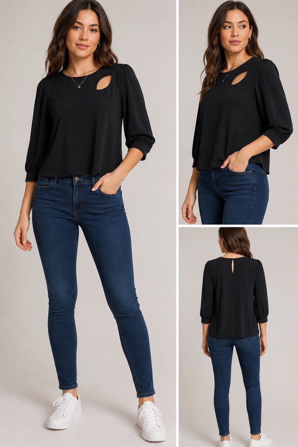 Adrianna Papell Women’s Black Solid Keyhole Neck 3/4 Sleeve Blouse S