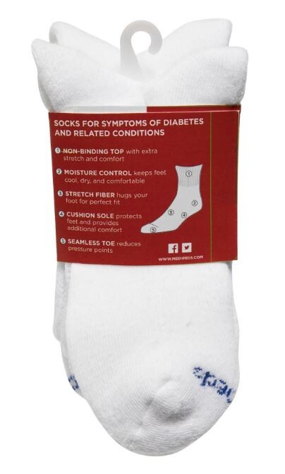 MediPeds Adult Men’s NanoGLIDE® White Quarter Cushion Socks, Large, 4 pairs