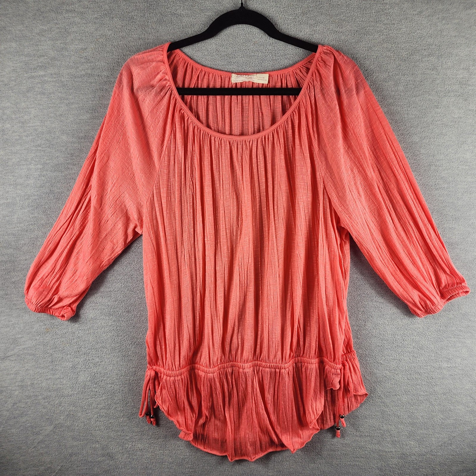 Faded Glory Blouse Womens Large Cosmo Coral Peasant 3/4 Sleeve Scoop Neck Boho