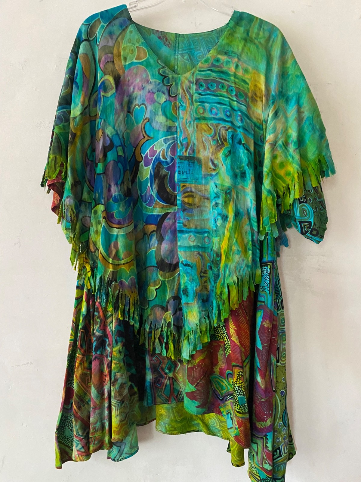 Artsy URU Hand Dyed Rayon Tunic Fringe Cape Top Lagenlook Made in USA – One Size