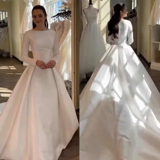 Wedding Dresses Stain Scoop Neck Sweep Train Long Sleeve Elegant Bridal Gown