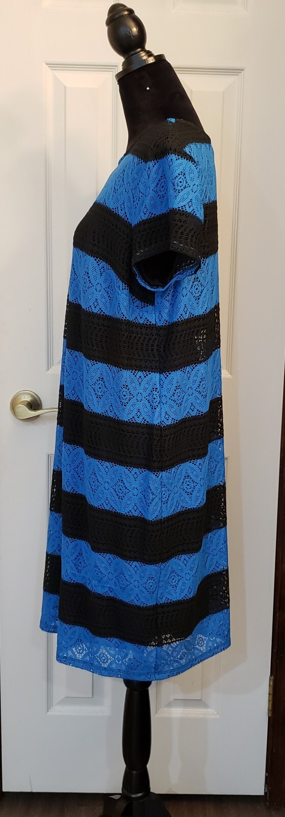 London Times Lace Shift Dress 16 Blue Black Stripe Cap Sleeve Lined Zip Back