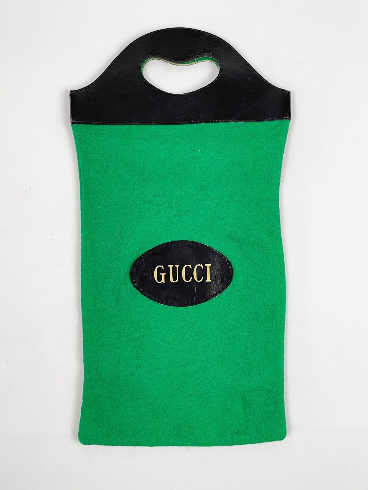 Gucci 1970s Green Felt and Black Vinyl Vintage Tote Top-Handle Dust Bag