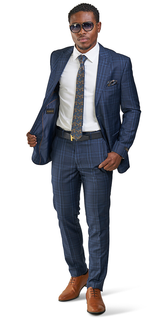 Slim Fit 2 Button Navy Blue Windowpane Plaid Mens Suit Peak Lapel 35071 AZARMAN