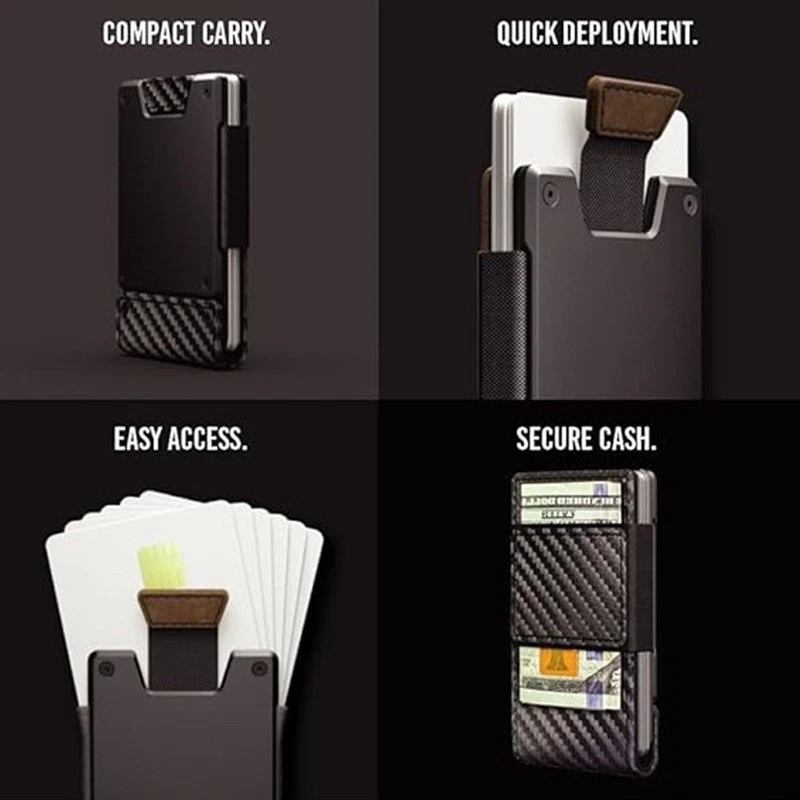 Mens Slim Metal Wallet RFID Blocking Minimalist Card Holder Pull Tab Cash Strap