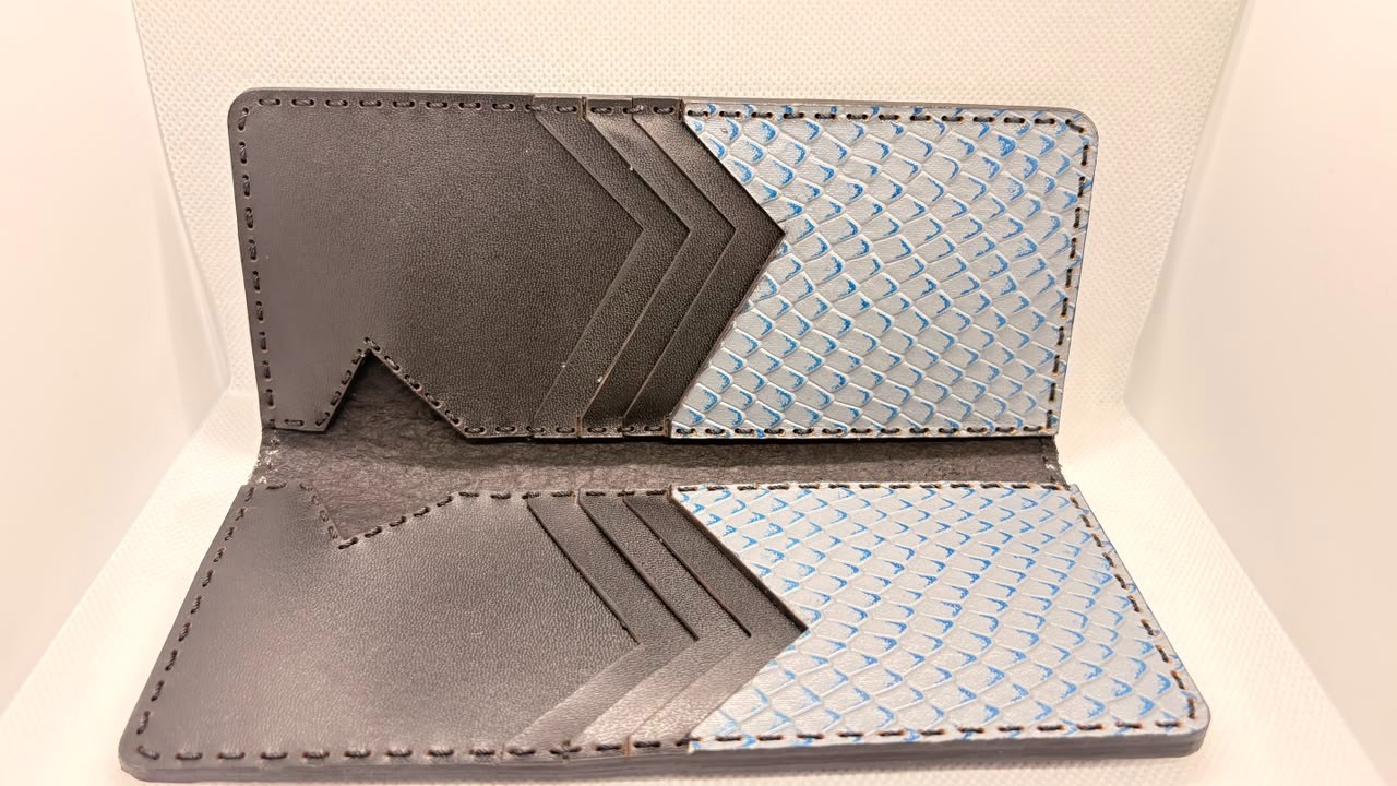 Genuine Leather Long Wallet Blue Gray Embossed Western Style Handmade
