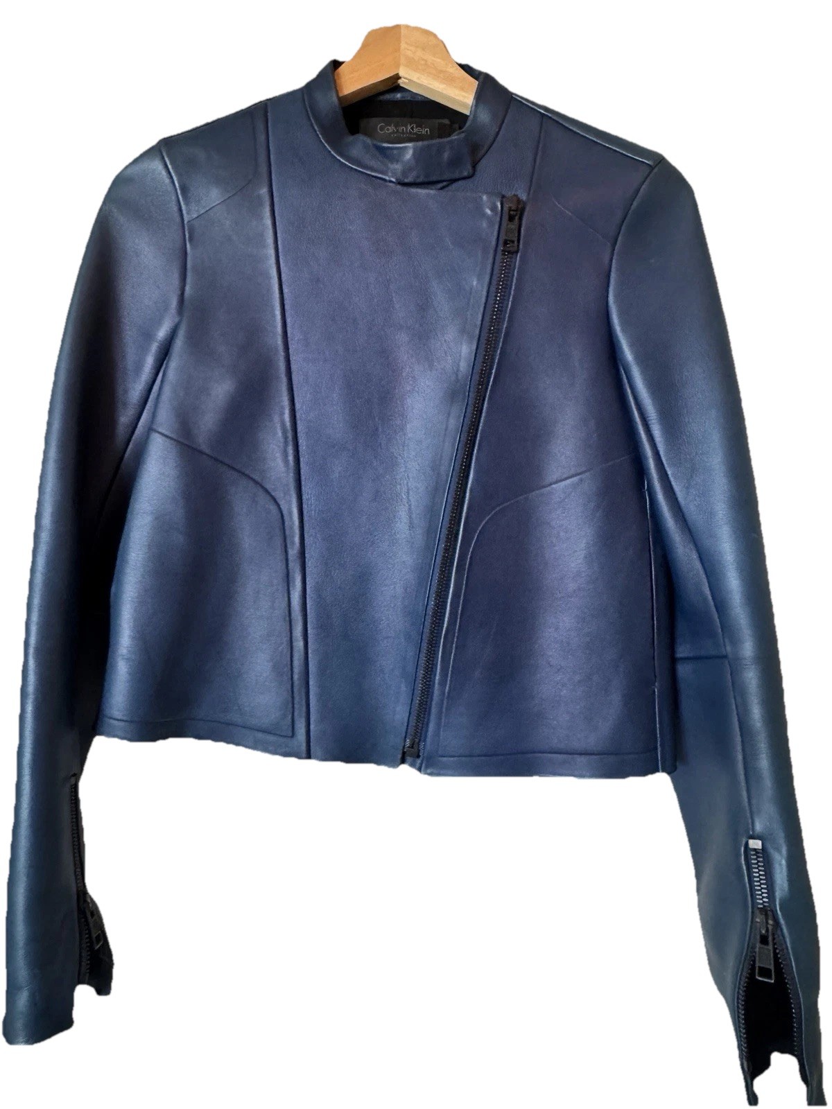 Vintage Calvin Klein Collection Women’s Blue Biker Jacket made in Italy