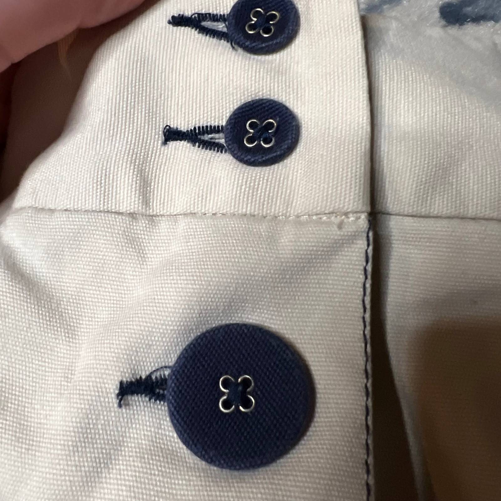 LL Bean Khaki Tan Canvas Button Front Mini Skirt Navy Contrast Stitching 16 Reg